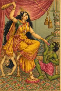 Goddess Bagalamukhi, the eighth Mahavidya, in traditional Hindu art